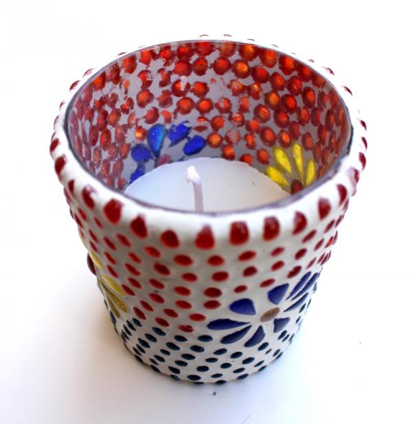 Handmade mutli colored glass candle with soy wax