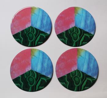 4inch Resin coasters in Rainbow Moonstone, Melachite, Rose qaurts with Iron base 