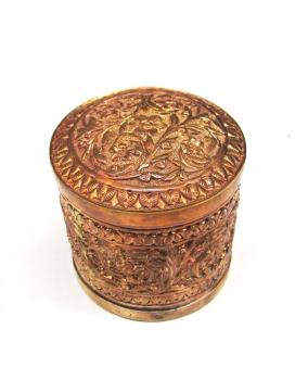 Hand carved Copper small Cylindrical Jewelry Box 