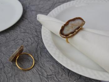 Natural Agate Brass Napkin Holder Ring (Gold Plated) - SET OF 4