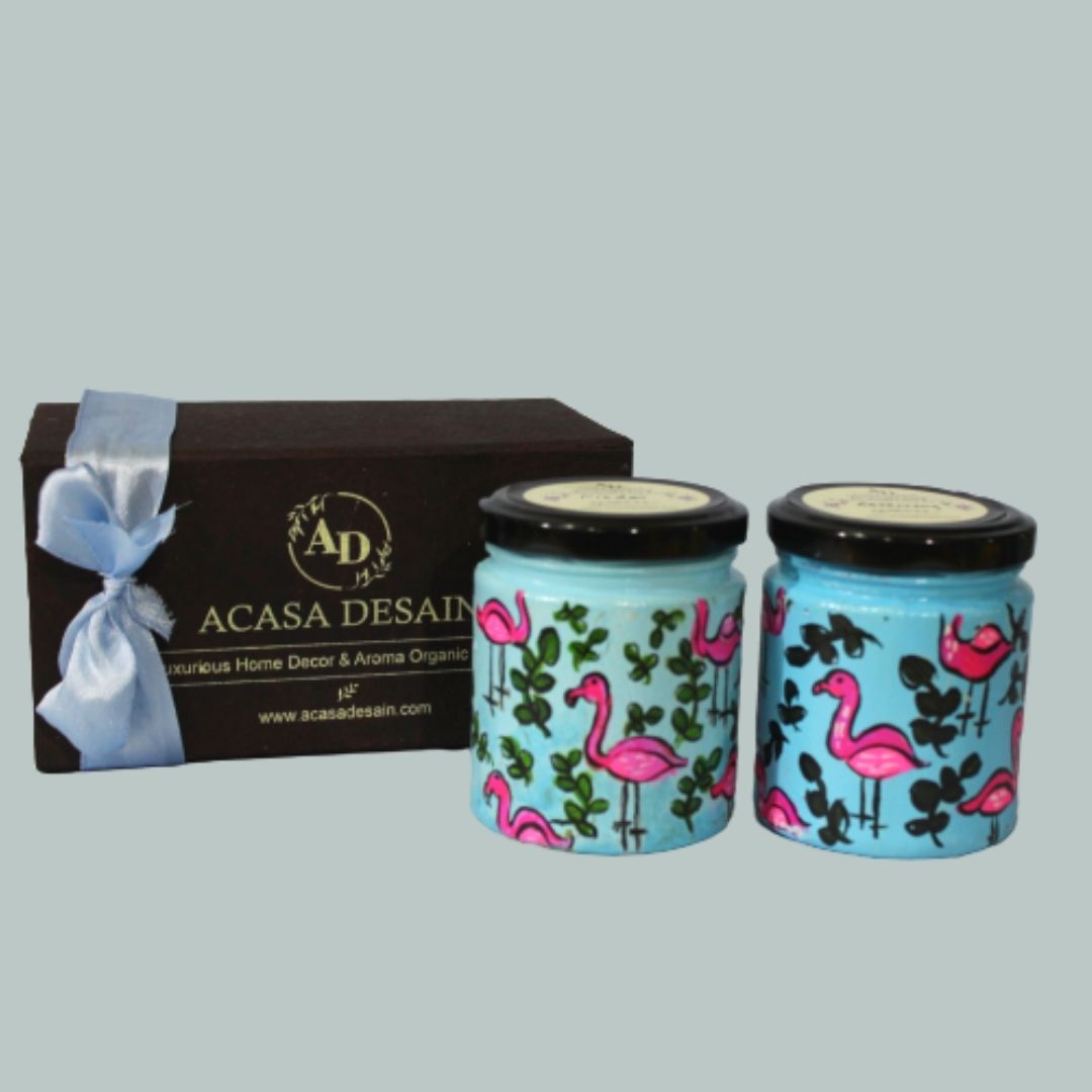 SET OF 2 HAND PAINTED BEAUTEOUS FLAMINGOS SOY JAR AROMA CANDLE