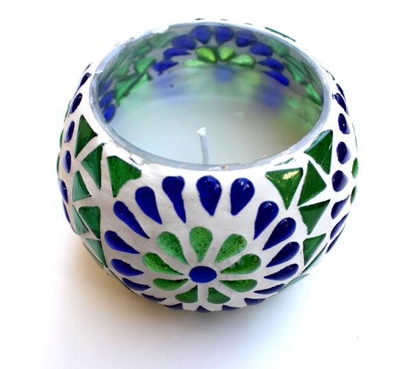 Handmade Blue-green flower mosaic candle with soy wax