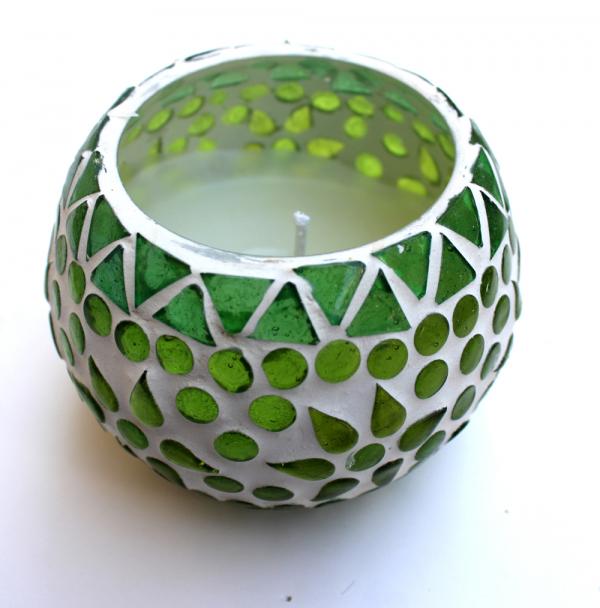 Handmade green mosaic candle with soy wax