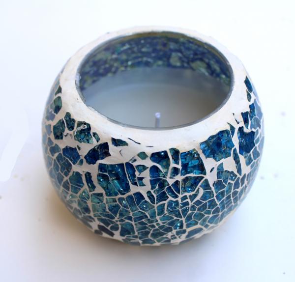 Handmade blue mosaic candle with soy wax